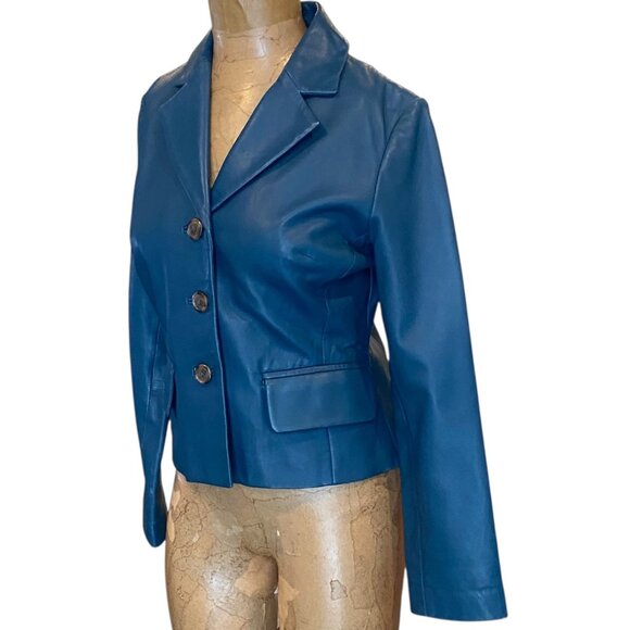 Margaret Godfrey 100% Genuine Leather Jacket Sz 8 Petite Teal Blue 287L - Picture 3 of 7